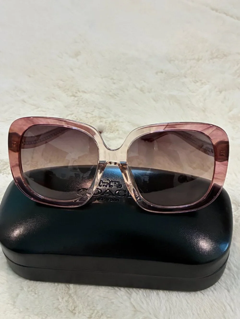 Coach HC8395U Square Sunglasses Translucent Pink Frame Brown Gradient With Case